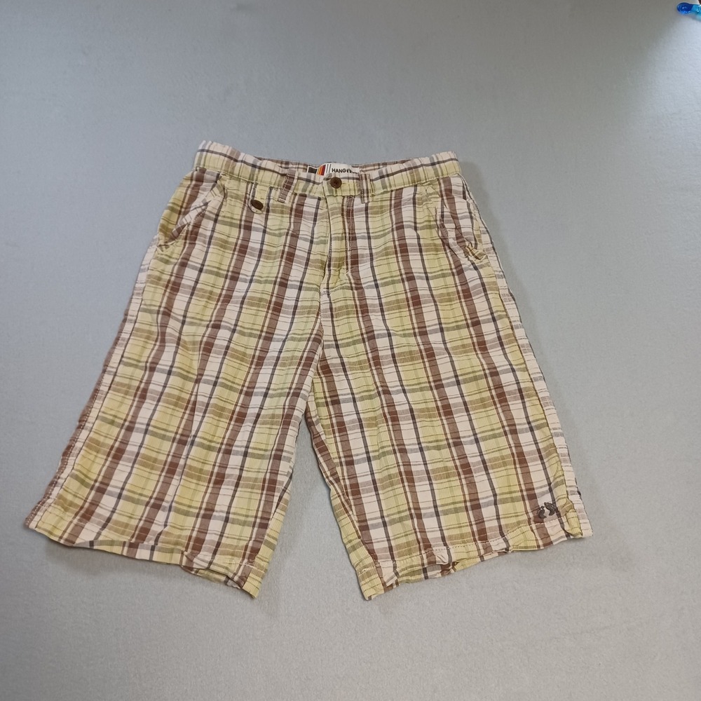 Hang Ten Boys Plaid Shorts Brown Green Tan Cotton Adjustable Waist Size 14